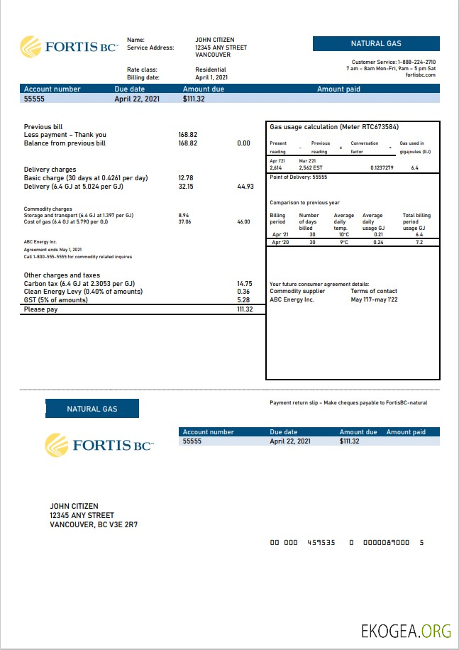Canada British Columbia FortisBC utility bill template in Word and PDF format